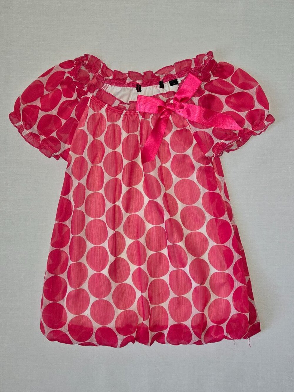 NWOT Tempted Girls Pink Polka Dot Sheer Bubble Blouse 2T Bow Top